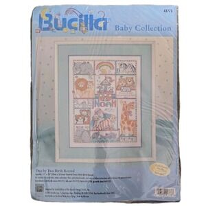 VTG Bucilla Two By Two Birth Record Noahs Ark Animals Counted Cross Stitch 41773